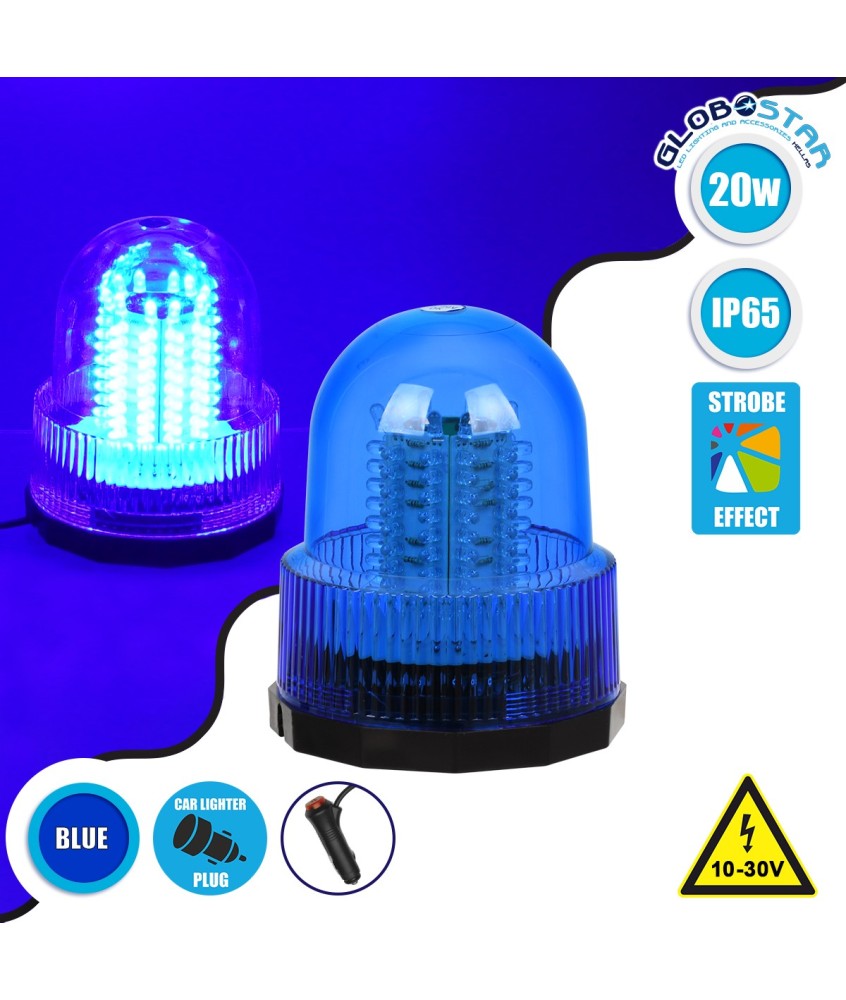 GloboStar® 85158 PRO Series Φάρος Σήμανσης Οχήματος Αστυνομίας για Αυτοκίνητα & Φορτηγά 6 Προγραμμάτων Φωτισμού STROBE LED 20W DC 10-30V Αδιάβροχος IP65 Μπλε